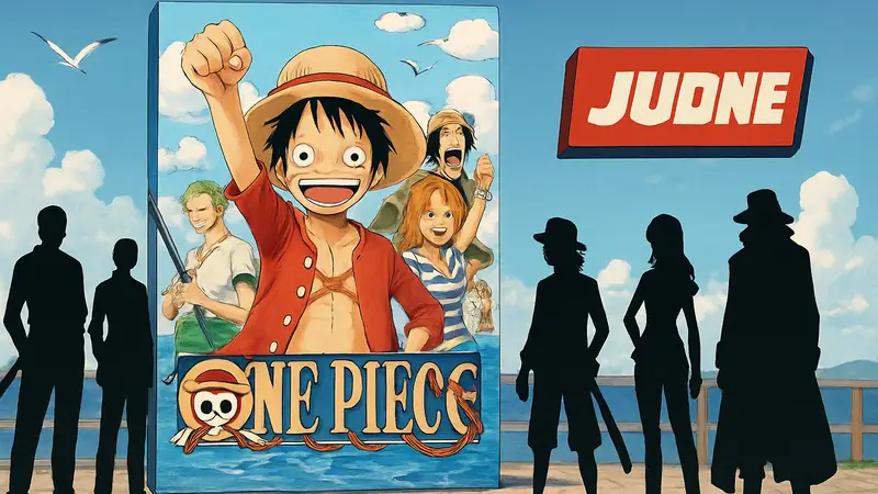 Обложка манги One Piece с Луффи и его командой, логотип Shonen Jump.