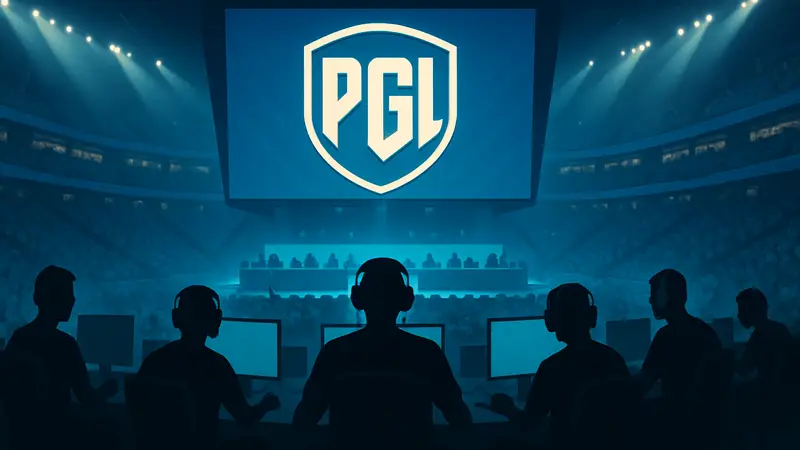 Логотип турнира PGL Astana на фоне киберспортивной арены с игроками.