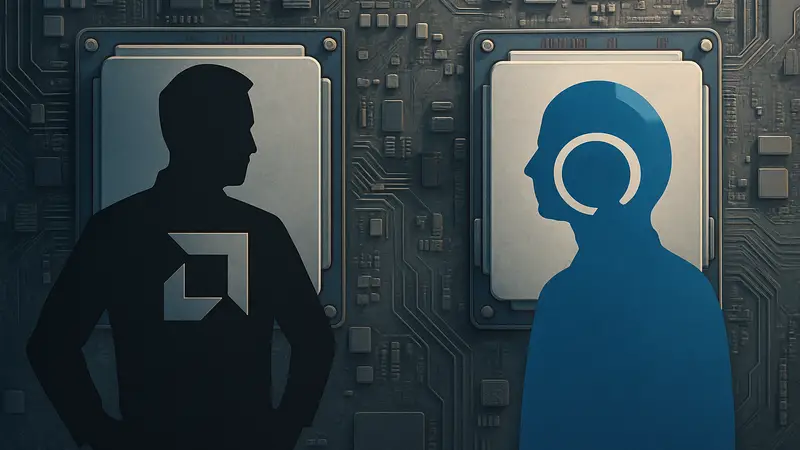 Логотипы AMD Epyc и Intel на схеме серверных процессоров, символизирующие конкуренцию.