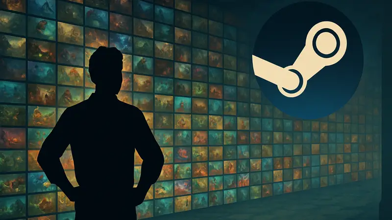 Игрок смотрит на огромный бэклог игр Steam, концепция новой инди-игры, логотип Steam.