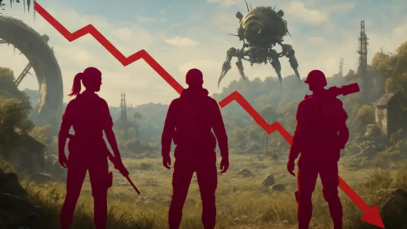 Скриншот из игры Arc Raiders, на фоне которого показана статистика падения числа игроков.