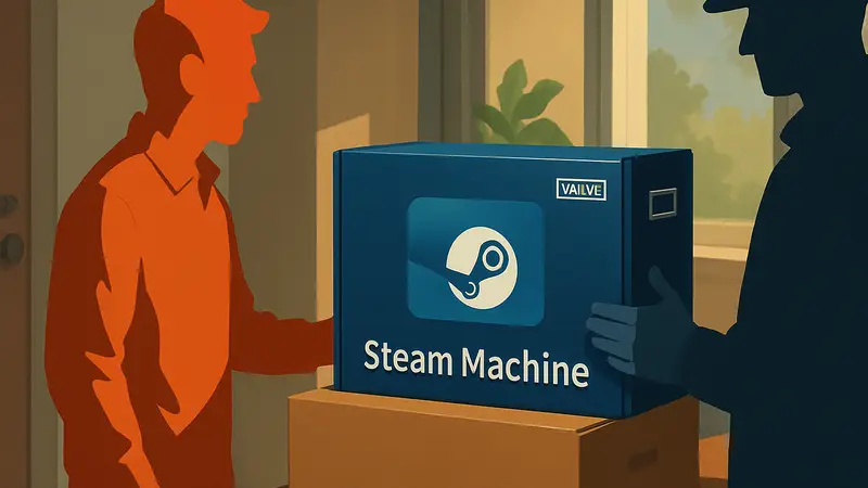 Упаковка Steam Machine или логотип Valve с надписью 'бесплатная замена'