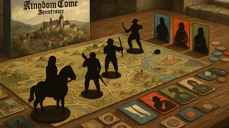 Настольная игра Kingdom Come Deliverance на столе с фигурками и картами в средневековом стиле