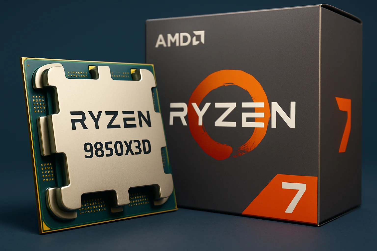 Изображение процессора AMD Ryzen 7 9850X3D с его названием и логотипом на упаковке.