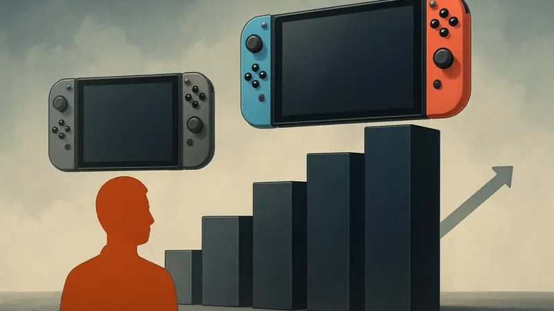 Изображение концепта Nintendo Switch 2 на фоне оригинальной консоли, демонстрирующее сравнение продаж.