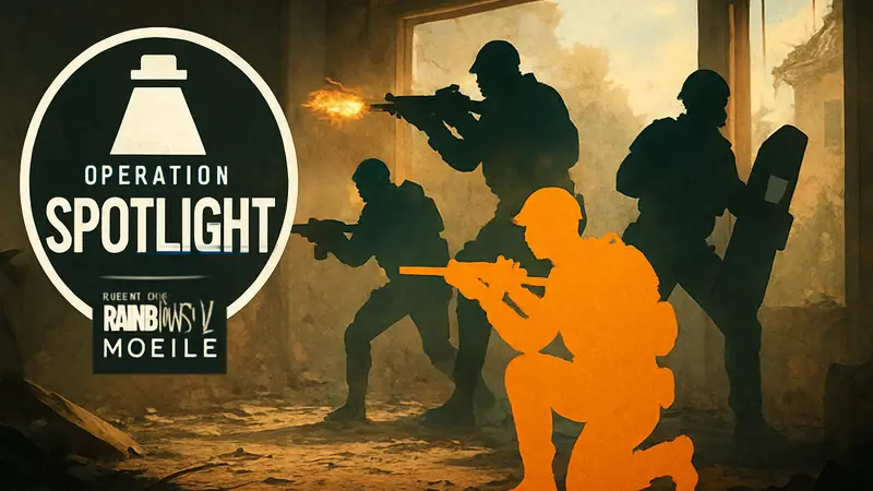 Логотип программы Operation: Spotlight и изображение оперативников Rainbow Six Mobile в бою