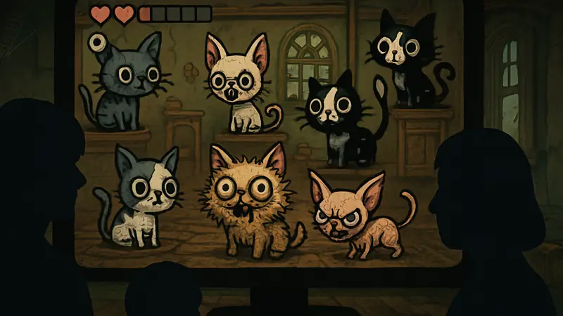 Скриншот из игры Mewgenics с изображением уникальных котов и интерфейса