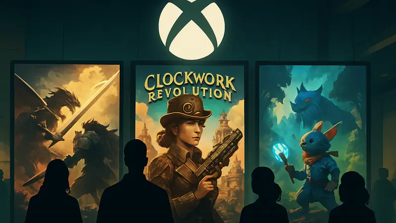 Логотип Xbox Games Showcase с обложками игр, включая Clockwork Revolution