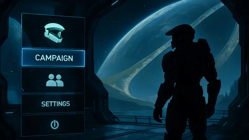 Главное меню игры Halo: Campaign Evolved с футуристическим дизайном и элементами интерфейса.