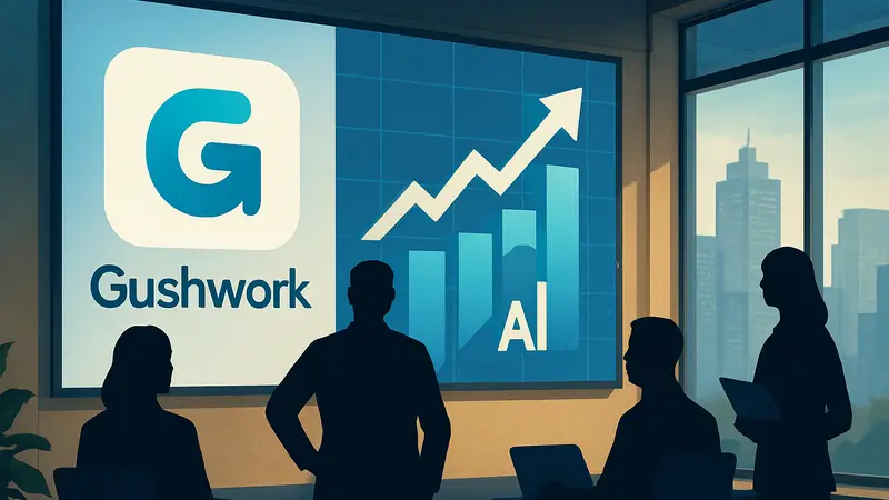 Логотип Gushwork и диаграмма роста AI-поиска клиентов.