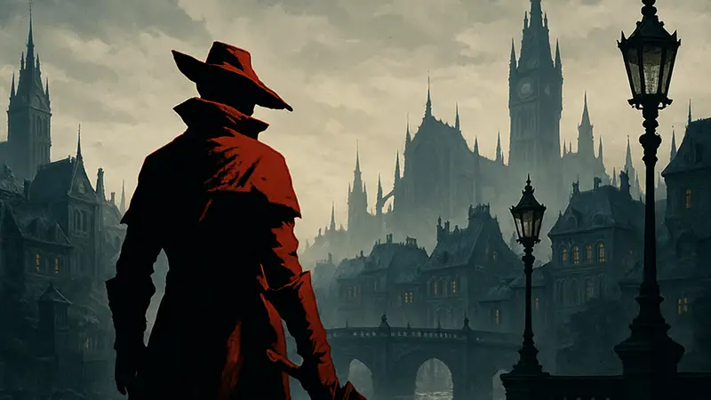 Стилизованное изображение персонажа из игры, напоминающей Bloodborne, на фоне викторианского города с готическими элементами.