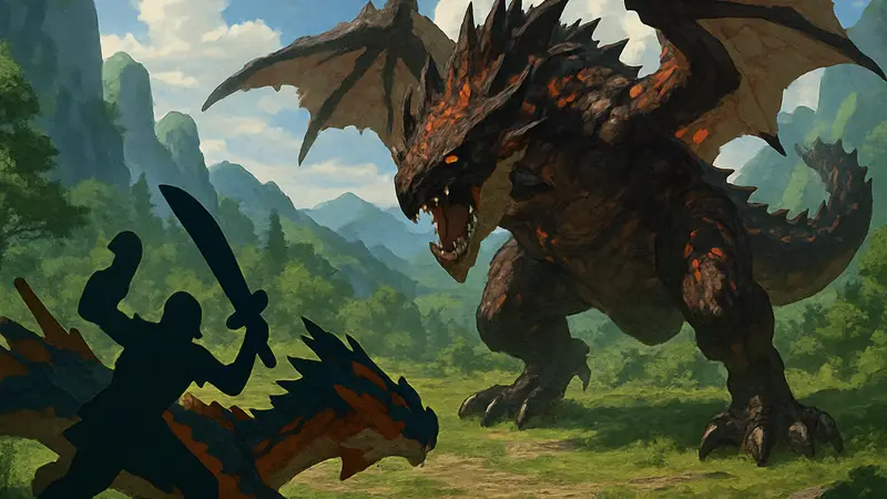 Monster Hunter Stories 3: скриншот битвы с агрессивным захватчиком-монстром, иллюстрация гайда.