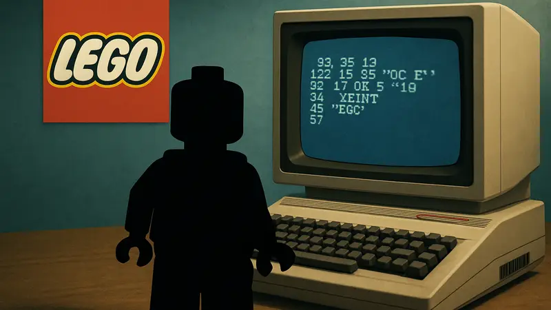 Логотип Lego Batman, Commodore 64 и фрагмент кода BASIC с пасхалкой.