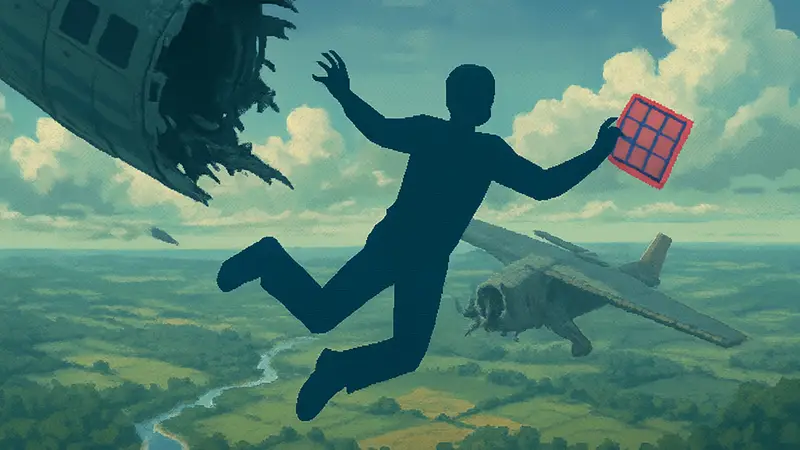 Скриншот из игры Freefall '95, где персонаж падает из разбитого самолёта и пытается решить головоломку.