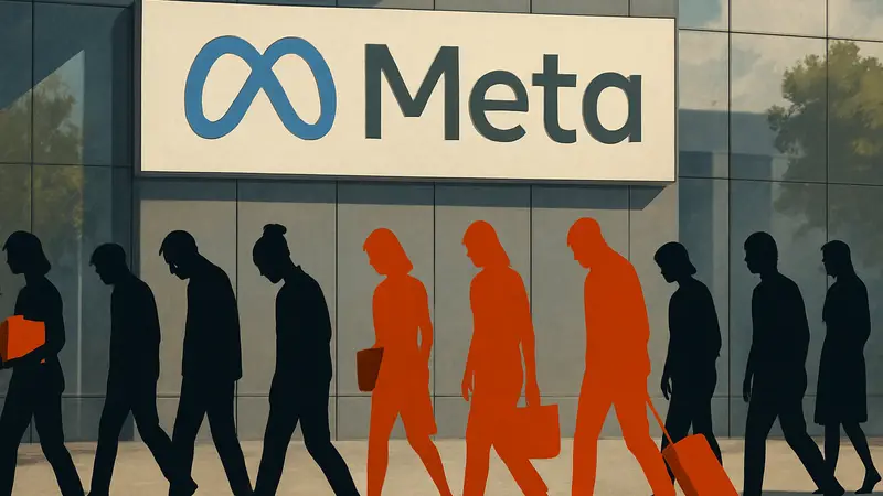 Логотип Meta на фоне схематического изображения уволенных сотрудников. Сокращения в Meta, рынок труда.