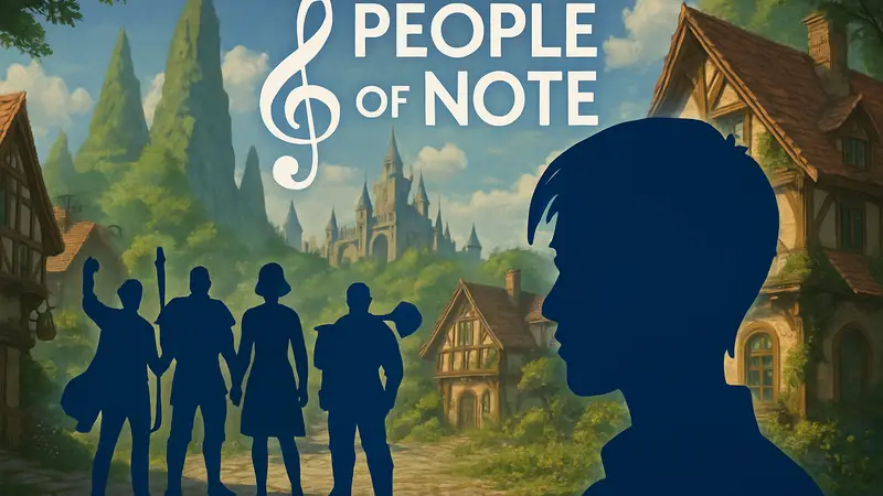 Обложка или ключевой арт музыкальной RPG People of Note со звёздным кастом, Эрика Ишии.