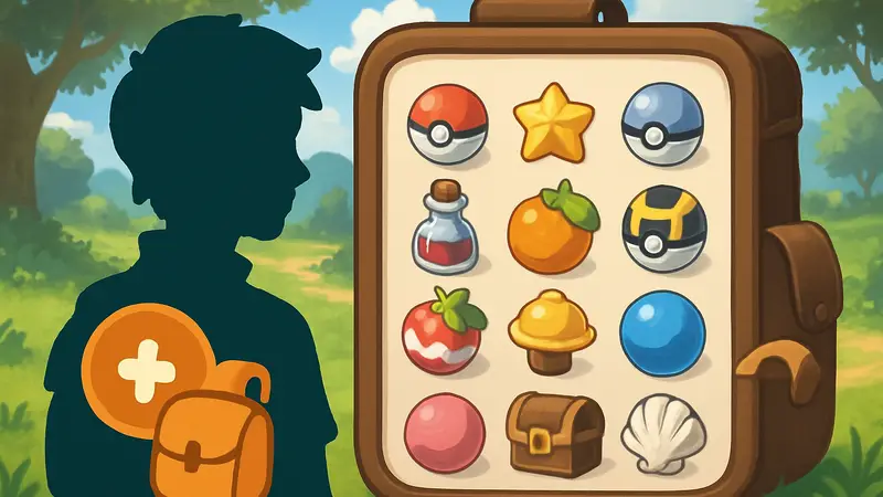 Изображение инвентаря в Pokémon Pokopia с символом расширения сумки и различными предметами.