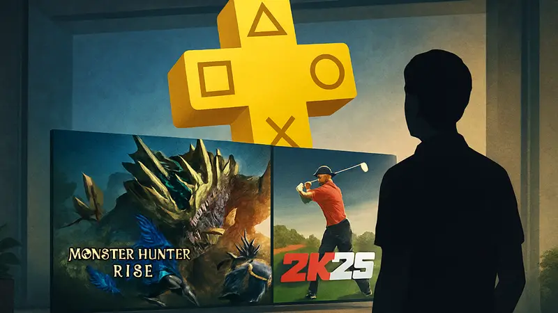 Логотипы Monster Hunter Rise и PGA Tour 2K25 на фоне баннера PlayStation Plus