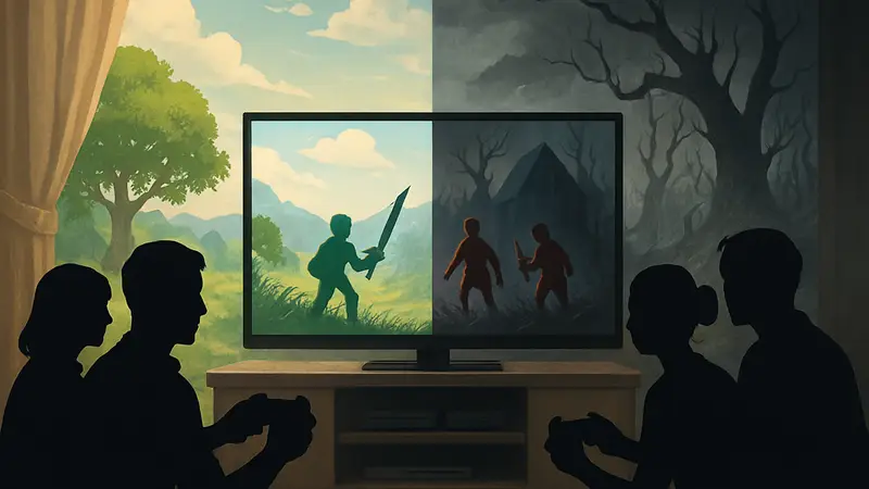 Группа друзей играет в кооперативную видеоигру, на заднем плане меняющийся пейзаж от светлого к тёмному.