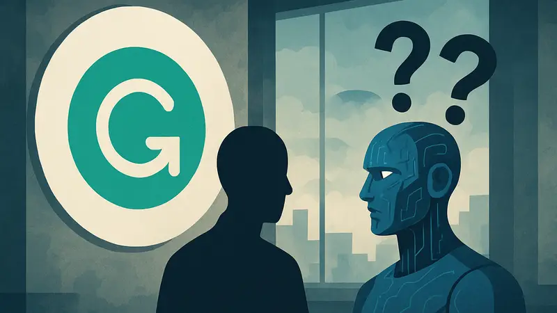 Логотип Grammarly рядом с изображением искусственного интеллекта и вопросительными знаками.