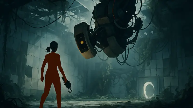 Игровой скриншот или арт из Portal 2 с Челл и GLaDOS.