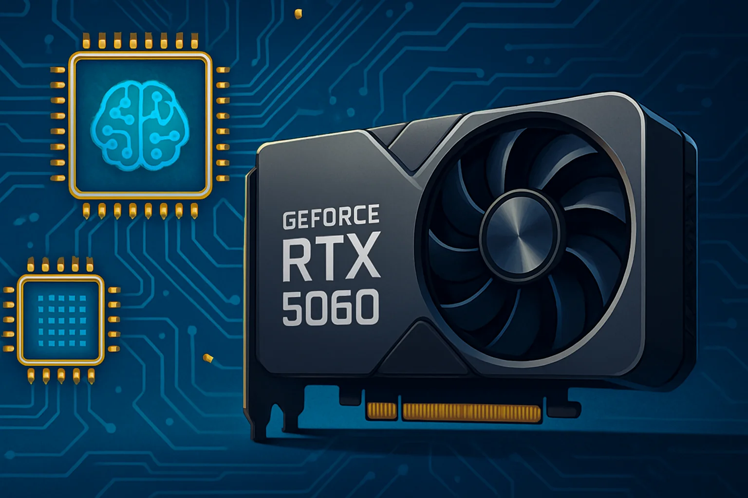 Изображение видеокарты NVIDIA GeForce RTX 5060 на фоне микросхем, символизирующих производство чипов для ИИ.