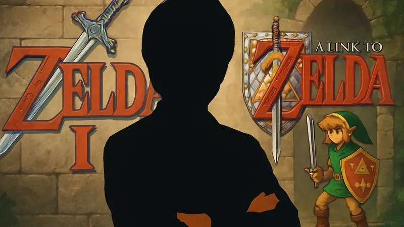 Сигэру Миямото на фоне логотипов The Legend of Zelda 2 и A Link to the Past.