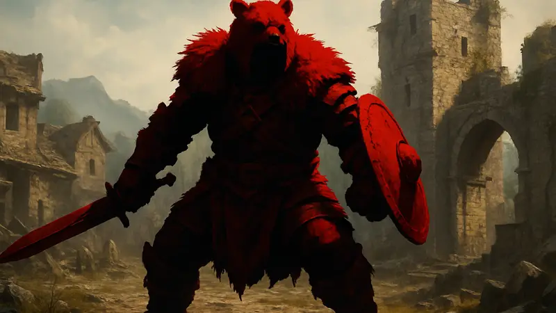 Капитан Чёрных Медведей из игры Crimson Desert в боевой стойке, демонстрирующий его угрожающий вид.