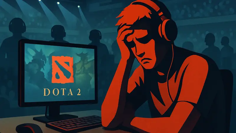 Игрок Dota 2 Иван «4IVAN» Мошковский за компьютером во время матча, с лицом, выражающим разочарование.