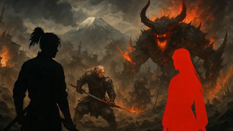 Иллюстрация персонажей Nioh 3 на фоне эпической битвы, демонстрирующая две возможные концовки