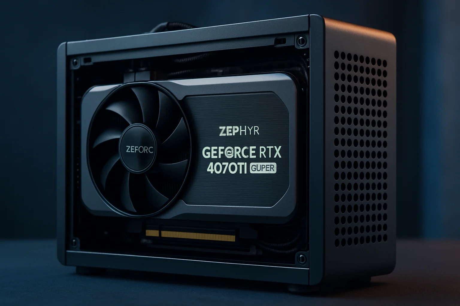 Компактная видеокарта Zephyr GeForce RTX 4070 Ti Super Mini-ITX, установленная в мини-ПК.