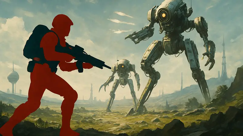 Игрок в футуристическом костюме сражается с роботами в Arc Raiders, на фоне футуристического пейзажа.