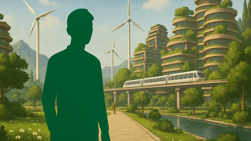 Игровой скриншот Future? No Thanks! с персонажем на фоне экосоциалистического города