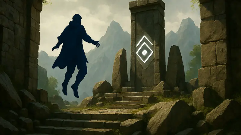 Игровая сцена Crimson Desert: решение головоломки «Вершина Истины» с персонажем, парящим в воздухе.