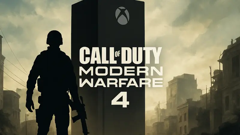 Логотип Call of Duty: Modern Warfare 4 на фоне силуэта новой консоли Xbox