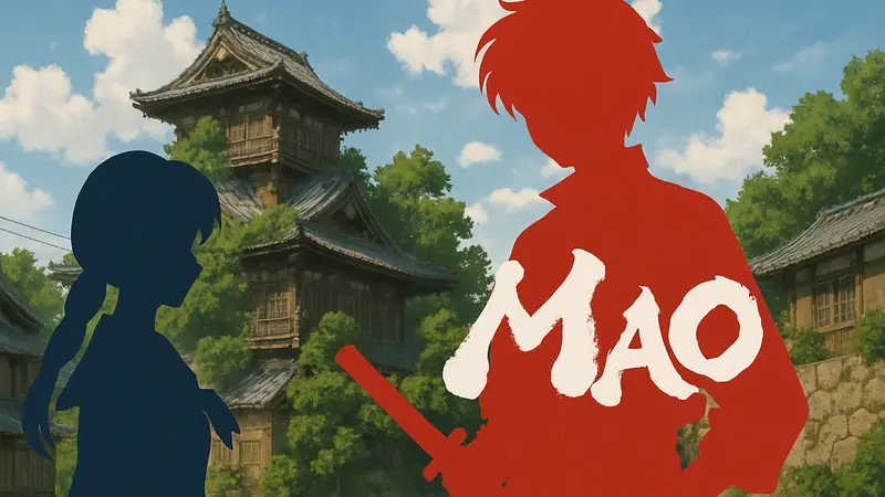 Ключевой постер аниме 'Mao' с главными героями и анонсом даты выхода.
