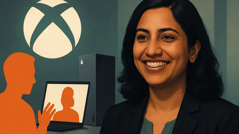 Аша Шарма, глава Xbox, улыбается, на фоне логотипа Xbox и консоли Series X. Виртуальное общение.