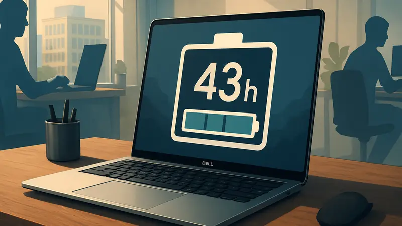 Ноутбук Dell XPS 14 на рабочем столе с включенным экраном, демонстрирующий долгую автономность
