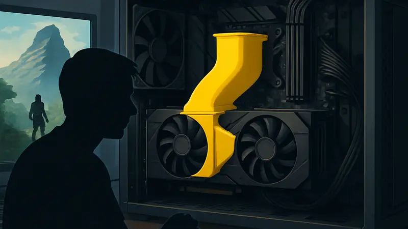 Желтый 3D-печатный воздуховод на видеокарте в игровом ПК, установленный реддитором.