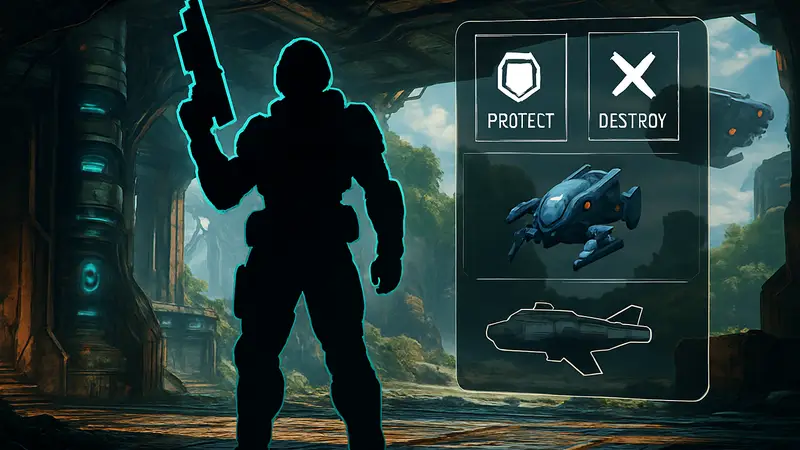 Скриншот или арт из игры Marathon с элементами интерфейса контракта Protect/Destroy.