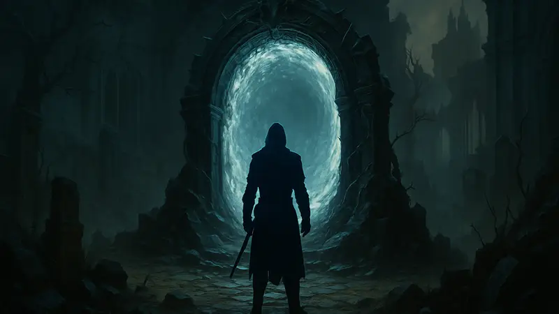 Персонаж Diablo 4 стоит перед порталом в локации Realmwalker, скриншот из игры.