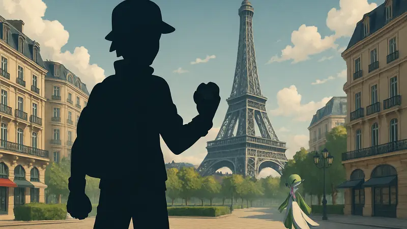 Игровой персонаж из Pokemon Legends: Z-A в городе Люмиос, готовящийся к битве. Обновление рейтинговых боев.