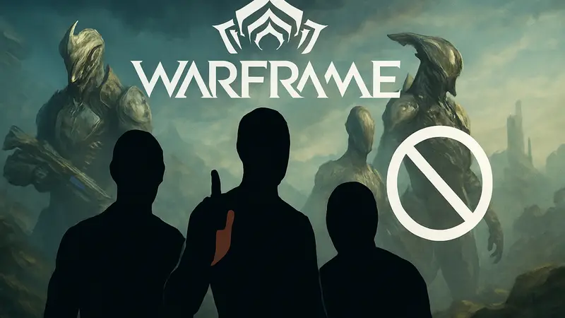 Логотип Warframe на фоне персонажей игры, символизирующий отказ от ИИ в разработке.