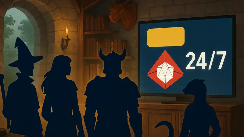Логотип Dropout и Dimension 20, персонажи Dungeons & Dragons, 24/7 стриминг-канал
