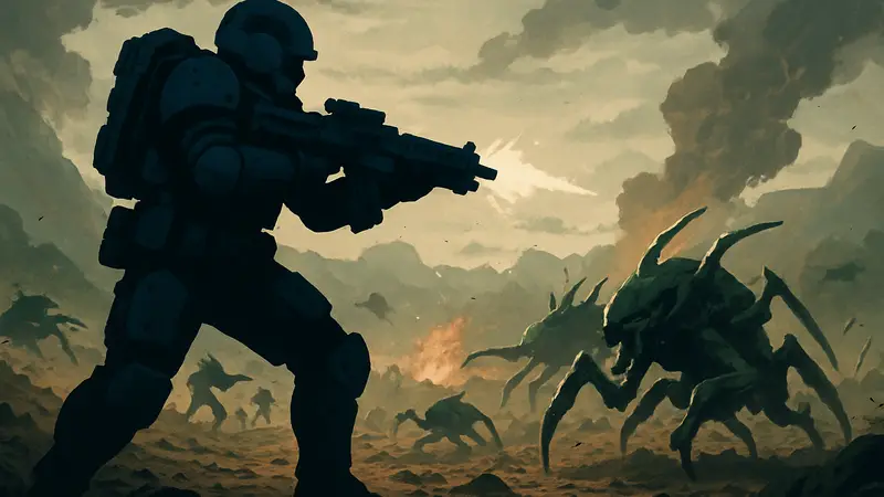 Солдат из Helldivers 2 в тяжелой броне, сражающийся с инопланетными врагами на поле боя.