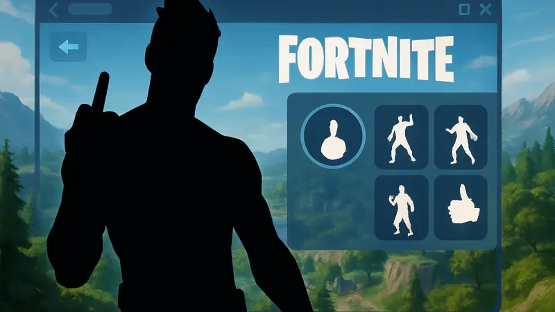 Игровой персонаж Fortnite выполняет эмоцию, демонстрируя конфронтационный жест, на фоне интерфейса игры.