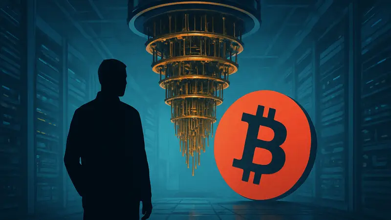 Футуристическое изображение квантового компьютера, символизирующее угрозу для символа Bitcoin.