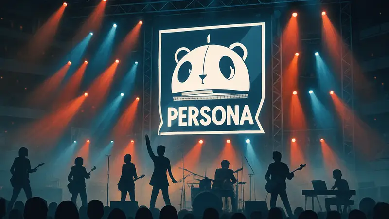 Изображение с концерта Persona Super Live 2015 с музыкантами и логотипом серии Persona.