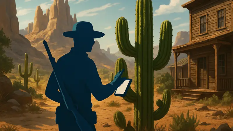 Игрок Far Far West выполняет секретный квест «Кактус» на пустынной карте, следуя игровому гайду.