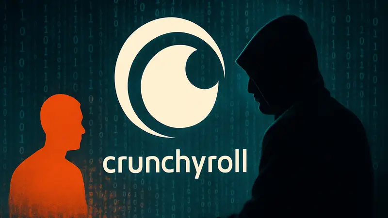 Логотип Crunchyroll на фоне цифрового кода, символизирующего кибератаку и утечку данных пользователей.